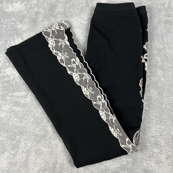 Vtg Cache Pants Women's Size 0 Cream Lace Overlay Side Slits Black Bell Bottoms - Picture 5 of 9